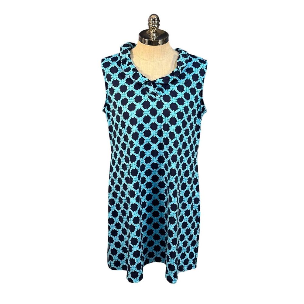 Lulu B Ruffle Geometric Teal Blue White Shift Dress UPF 50 Size XL